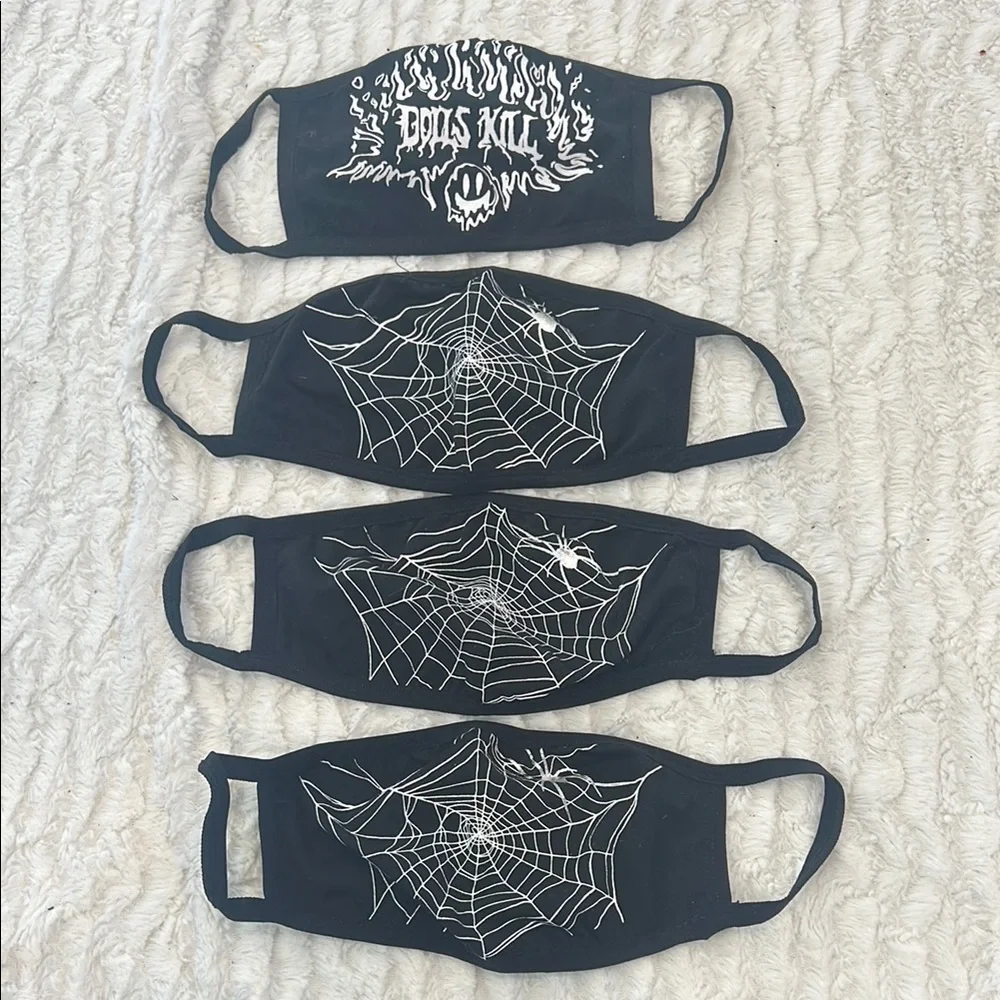 Dolls Kill Bundle of 4 Black Graphic Face Masks sided web / fire set nwot